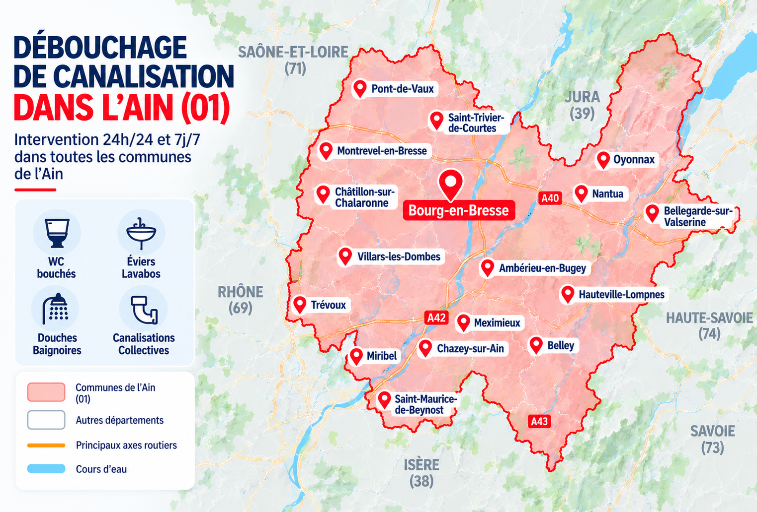 Carte des zones d'intervention pour le débouchage de canalisation dans l'Ain (01)
